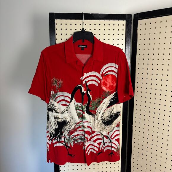 Express Men’s Red Crane-Print Button-Up Shirt S — Retro Resortwear - Picture 1 of 7